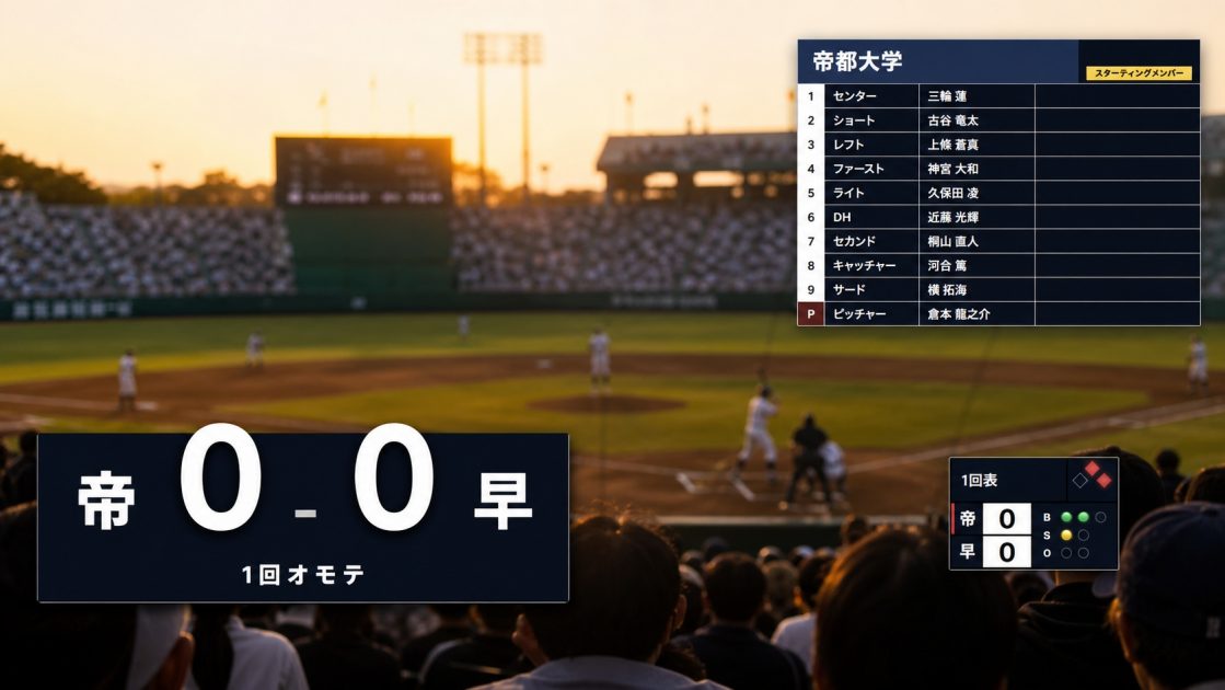 夕景の球場に表示された野球配信オーバーレイ yakyuu