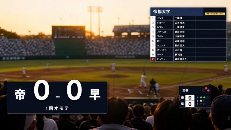 夕景の球場に表示された野球配信オーバーレイ yakyuu