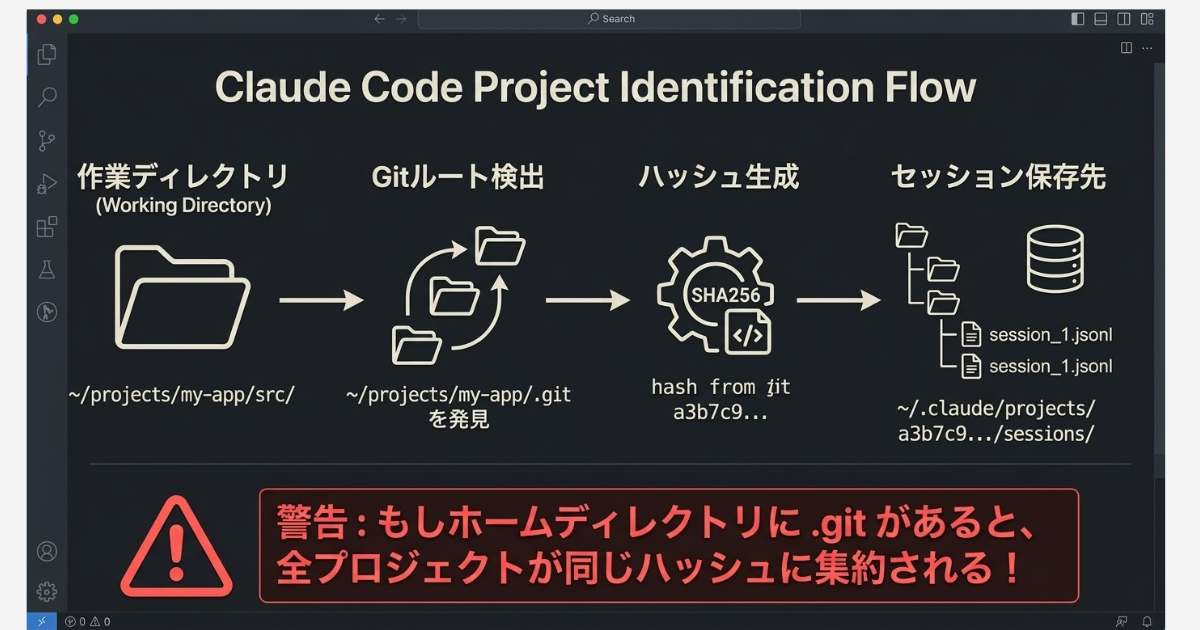 Claude Codeのプロジェクト識別フロー（作業ディレクトリから.gitを探索し、パスを変換してセッション保存先を決定する流れ）