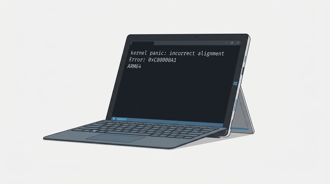 Windows ARM64 ノートPCに kernel panic: incorrect alignment エラーが表示されている画面