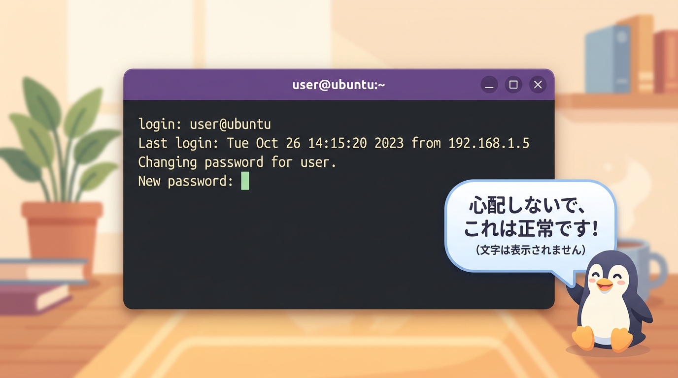 Ubuntuターミナルでパスワード入力中の画面。心配しないで、これは正常です！