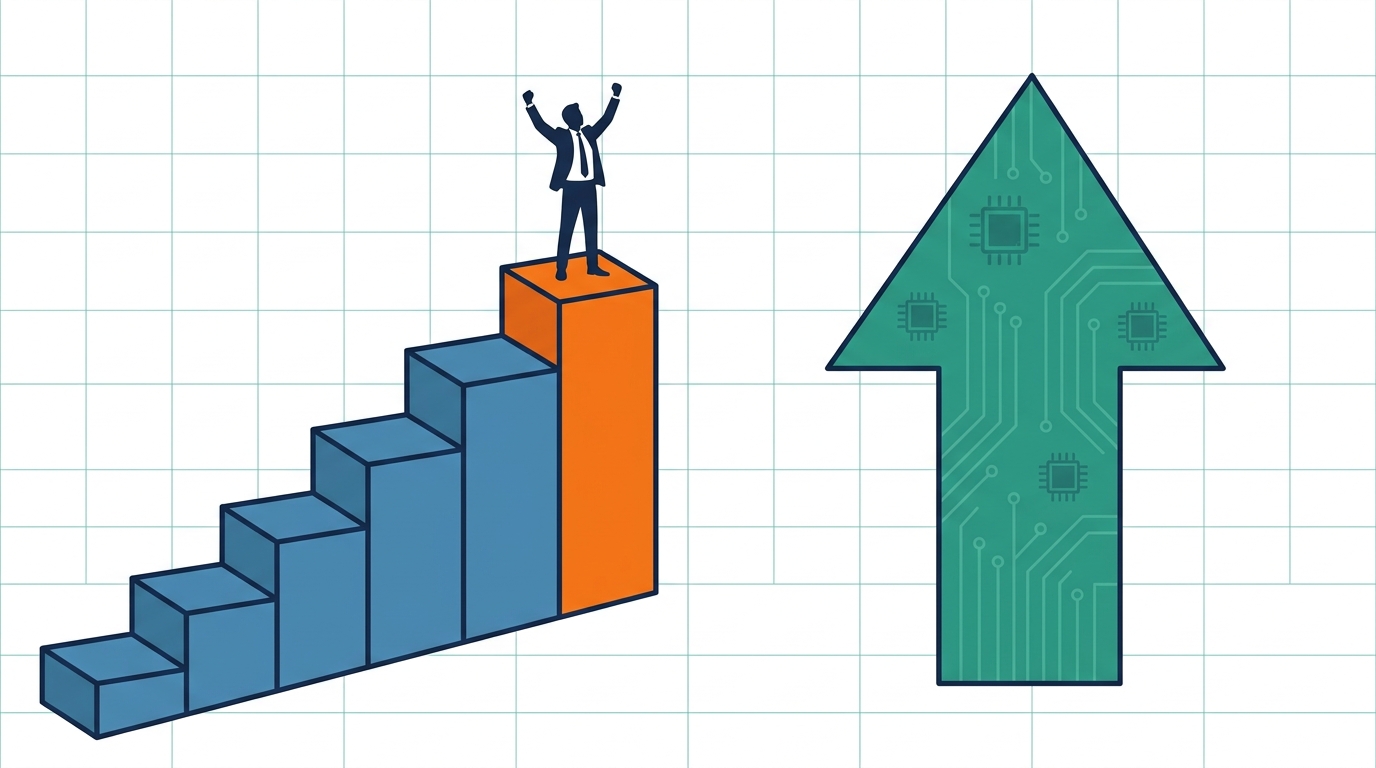 6段の階段の頂上に立つビジネスパーソンと回路パターンの矢印
