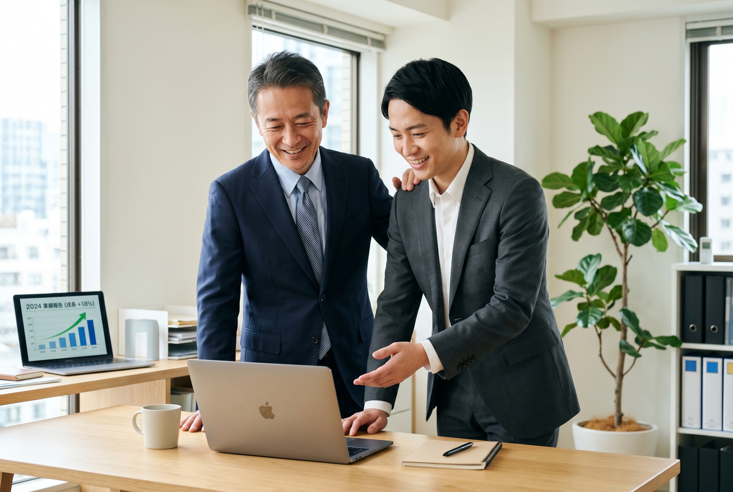 経営者と社員がノートPCを見て笑顔