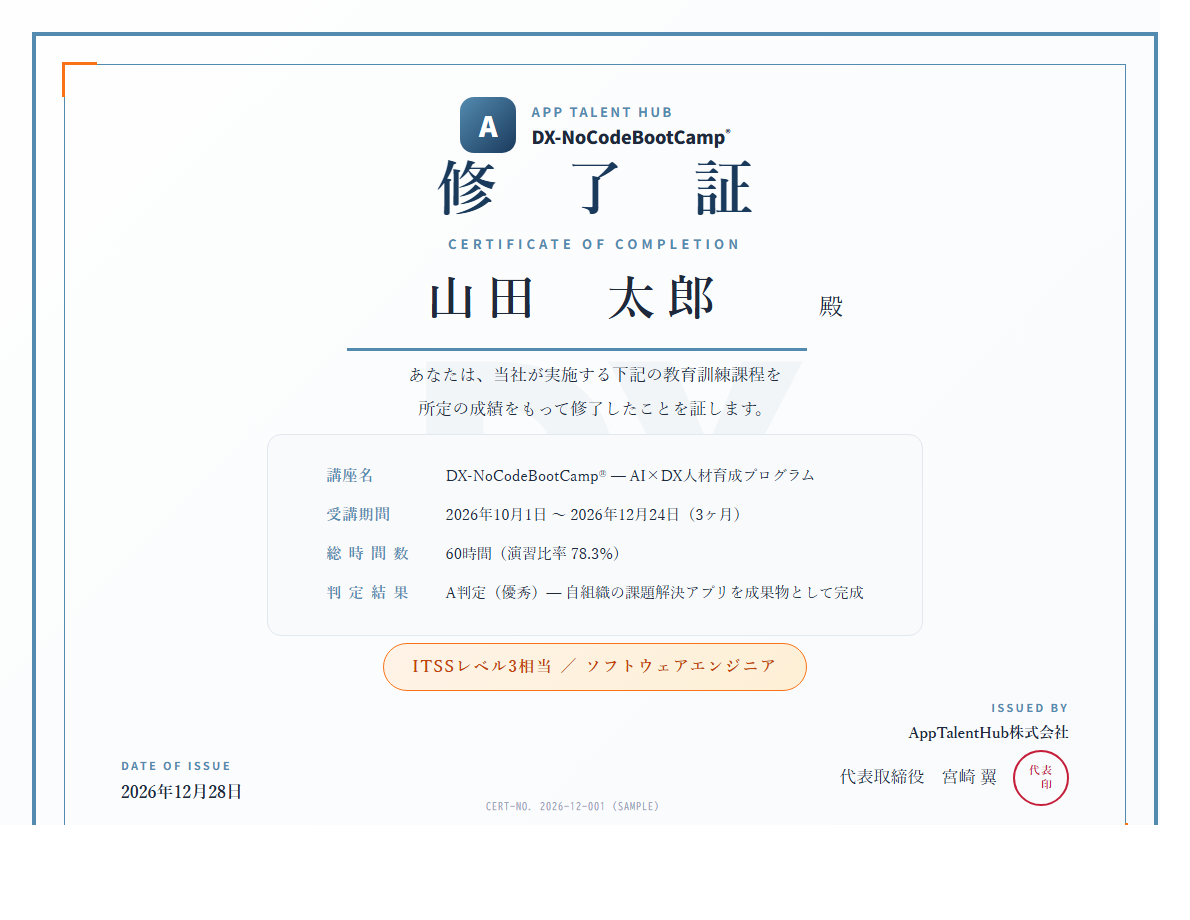DX-NoCodeBootCamp 修了証サンプル