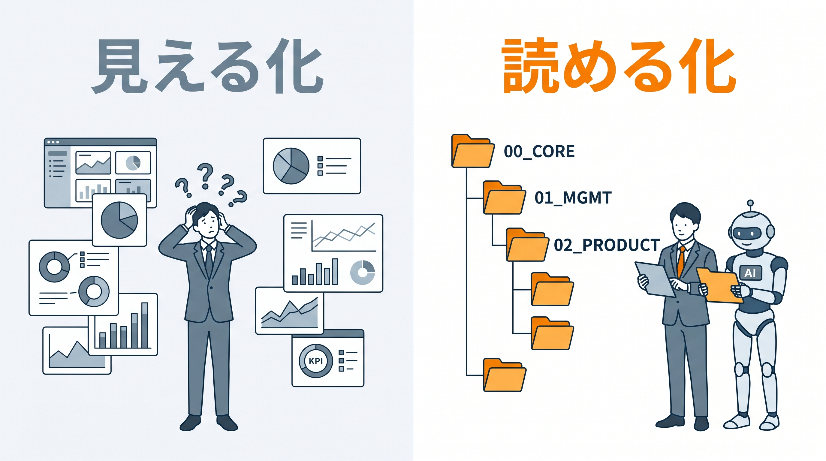 見える化と読める化の比較インフォグラフィック — 左側は散在するダッシュボードに困惑する経営者、右側は整理されたフォルダ構造を人とAIが一緒に読んでいる
