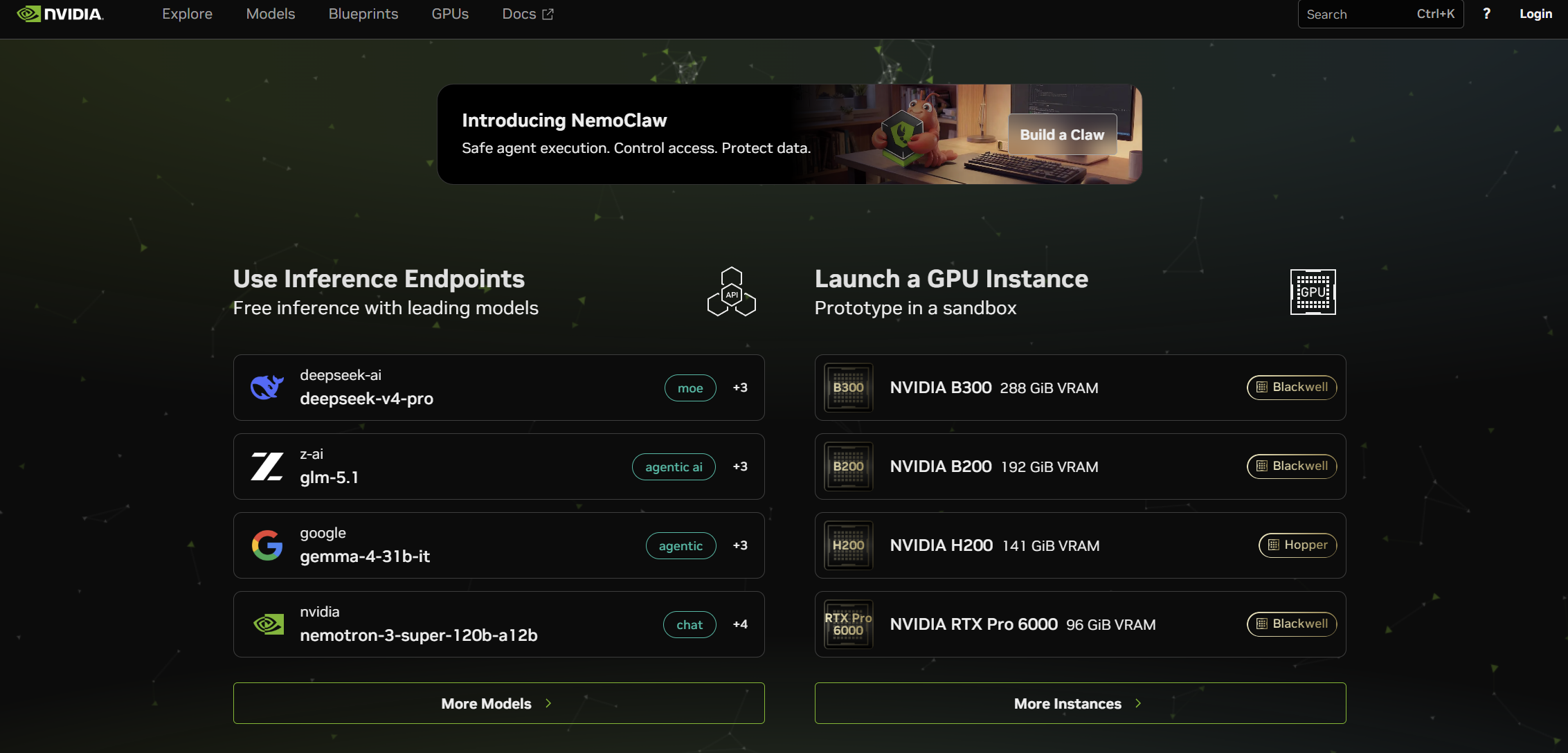 NVIDIA Build トップ画面 - Inference Endpoints と GPU Instance