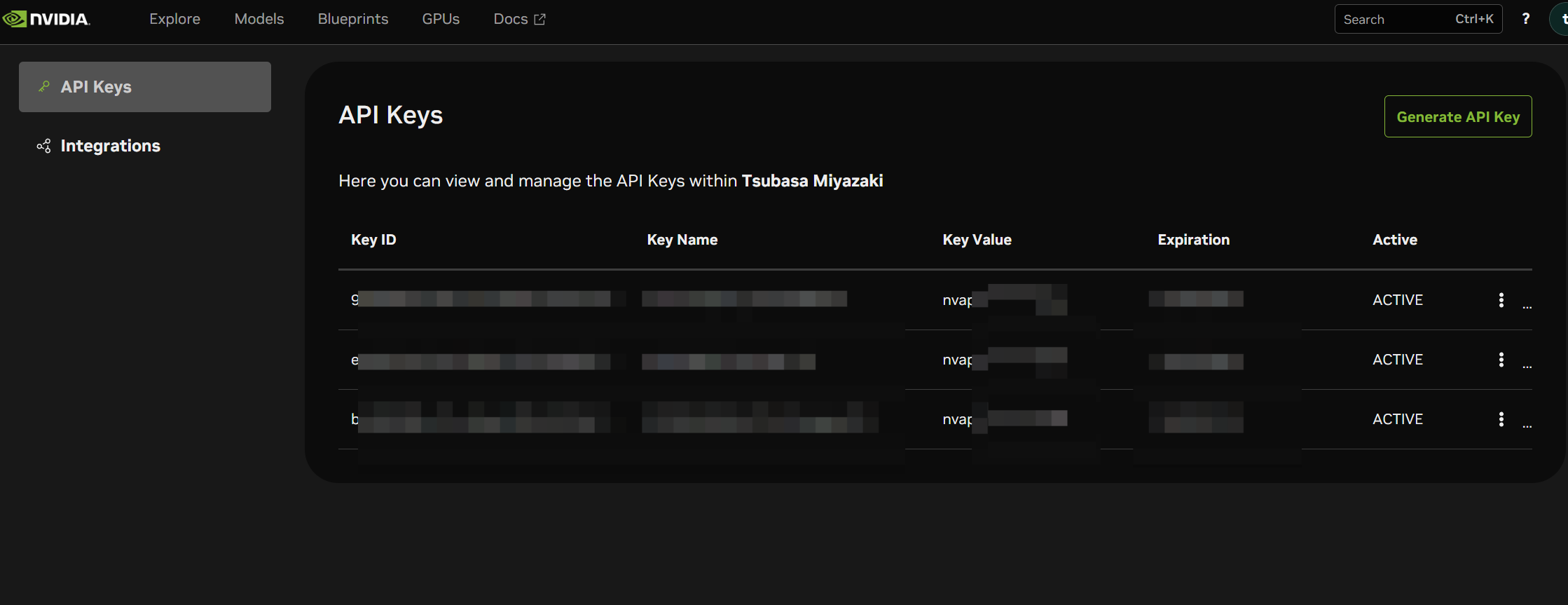 API Keys 管理画面（マスク済み）