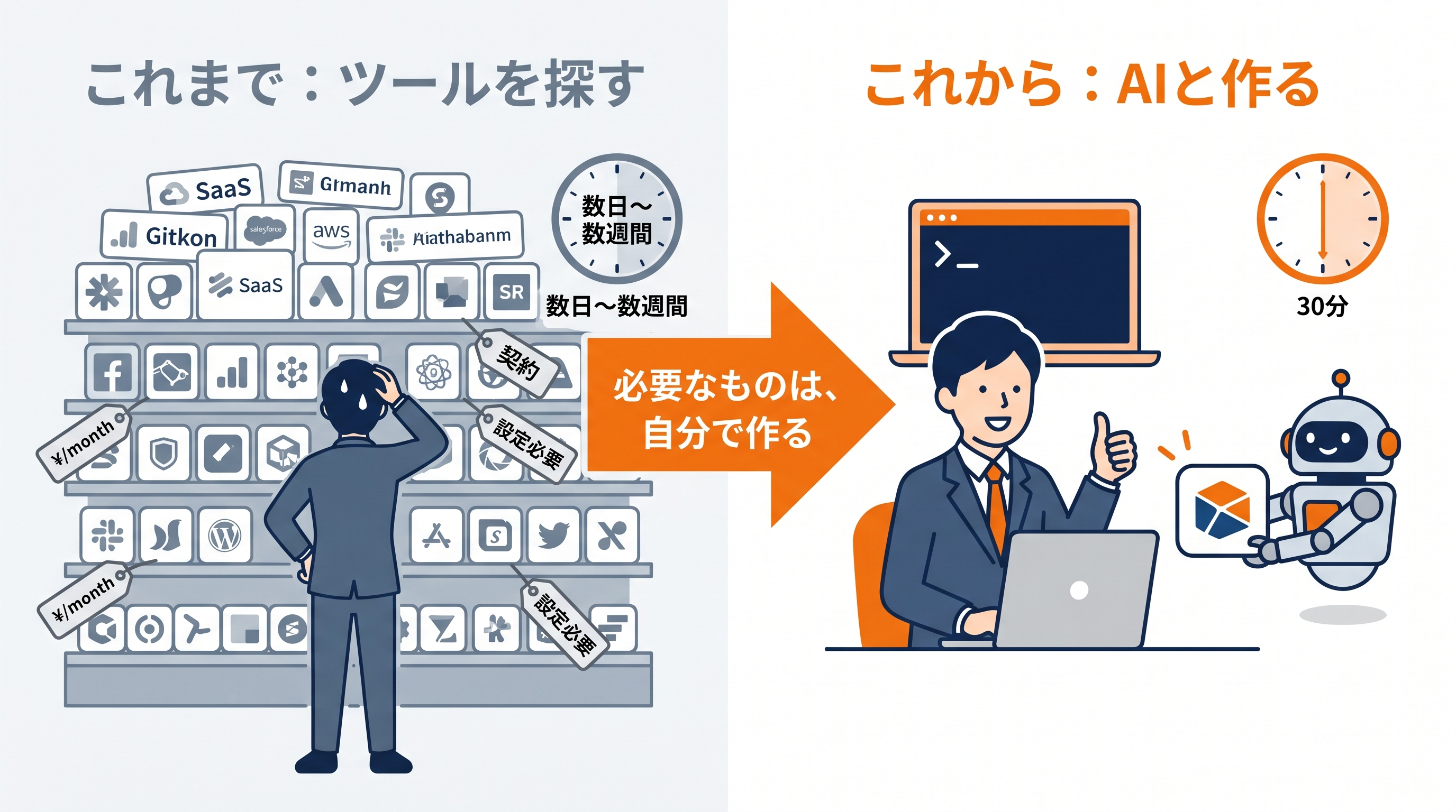 これまでは『ツールを探す』時代、これからは『AIと作る』時代 — 対比インフォグラフィック