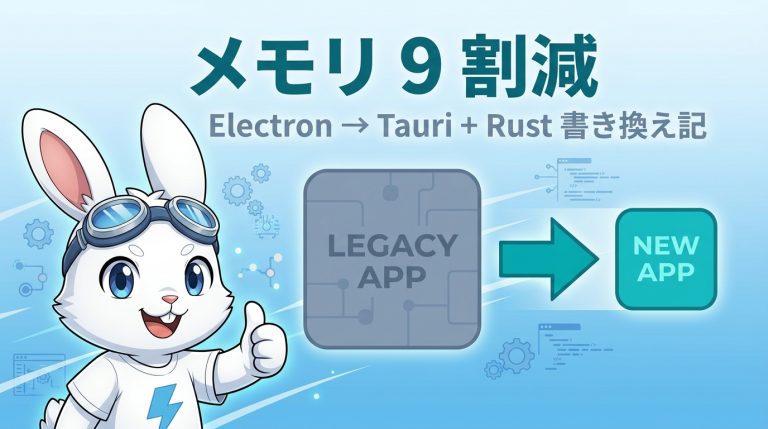 MarkShot v2.0 のアイキャッチ。左にラピットくんがサムズアップ、中央に大きなLEGACY APPから矢印でNEW APPへ縮小、上部に「メモリ9割減 Electron → Tauri + Rust 書き換え記」のテキスト