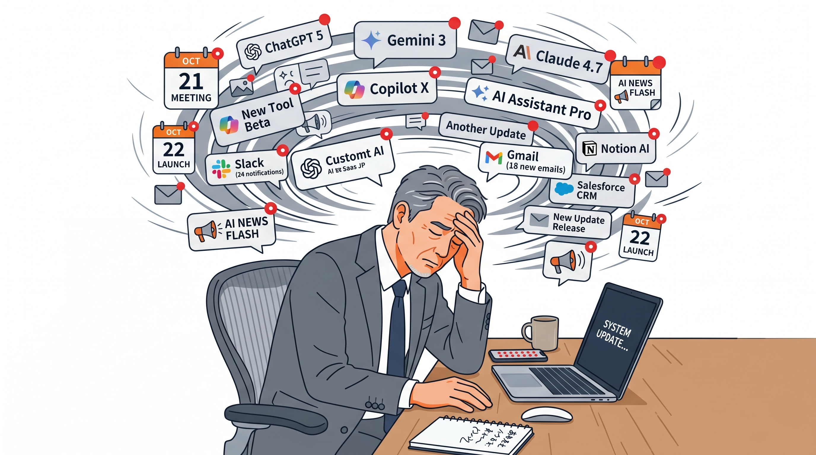 次々と発表される新しいAIツールの通知に囲まれて疲弊する中小企業経営者のイラスト