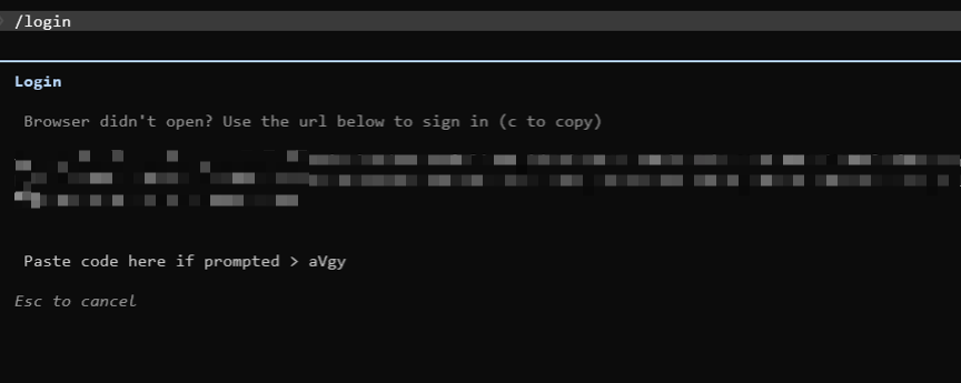 実際のログイン画面 — 「Paste code here if prompted」にペーストが効かない