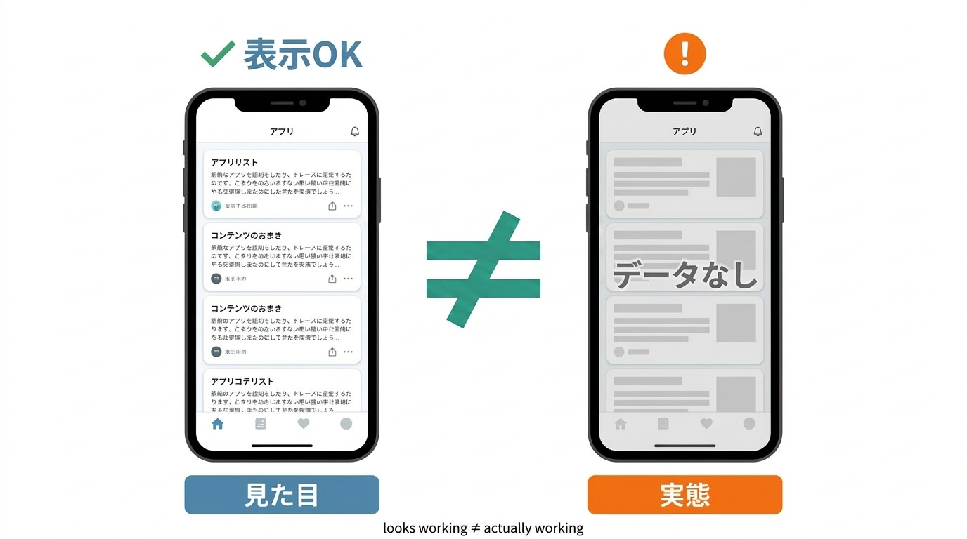 動いて見えるアプリと実態の違い - 表示OKでもデータなしの状態を比較した図解