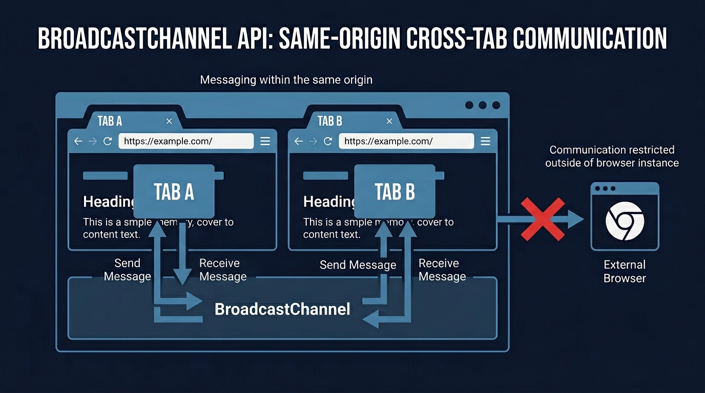 BroadcastChannel: 同じブラウザ内のタブ間でメッセージを送受信。外部ブラウザとは通信不可。