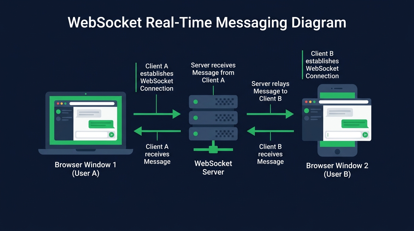 WebSocket: ブラウザAとブラウザBがサーバーを介してリアルタイム通信