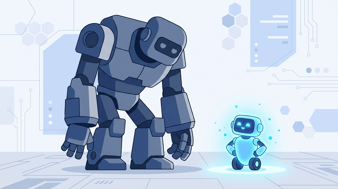 小さく光るロボットが大きな停止したロボットの隣に立つイラスト。小さくても賢いAIが大型AIに勝る時代を象徴