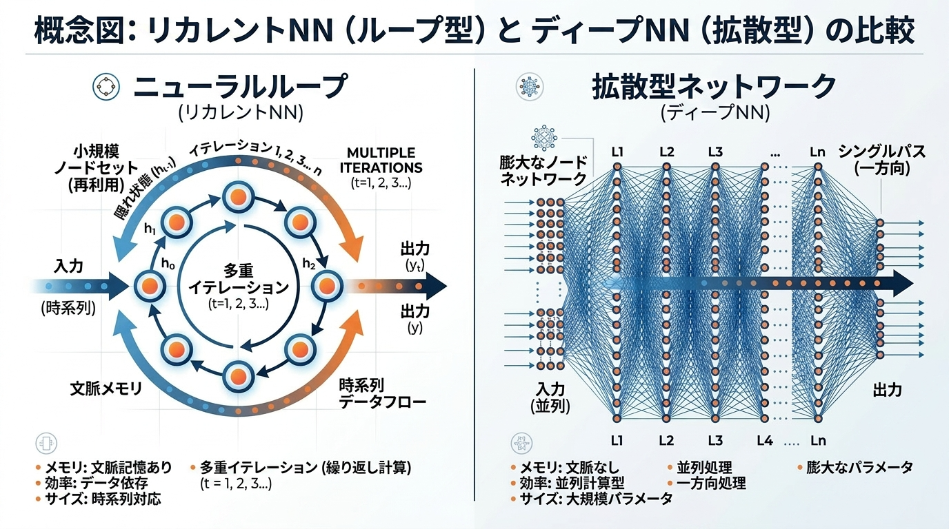 少数のノードが同じ経路を繰り返し巡回するループ型ネットワークと、大きく広がるネットワークを比較したインフォグラフィック