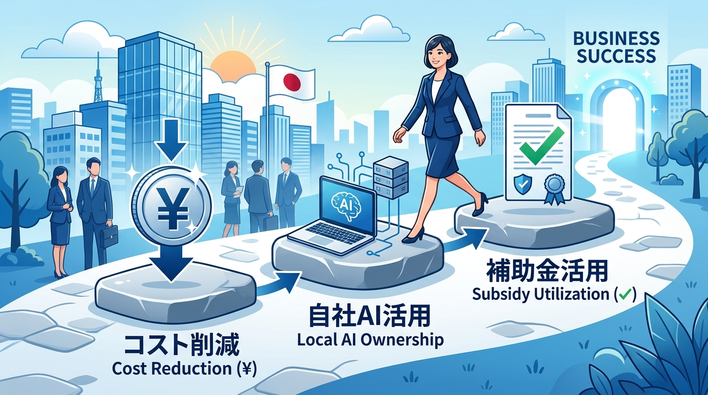 円硬貨・ノートPC・チェック付き書類のアイコンが並ぶ3つの飛び石——コスト削減・自社AI保有・補助金活用を表すビジネス戦略イラスト
