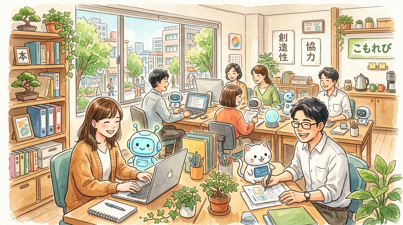 日本の小規模オフィスで社員が机上の小さなAIアシスタントと並んで働く、温かみのある水彩風イラスト