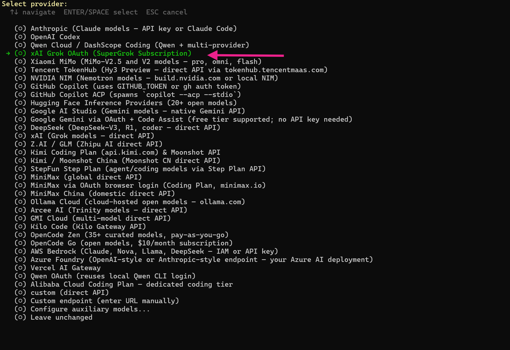 hermes setup でのプロバイダ選択画面。xAI Grok OAuth (SuperGrok Subscription) を選択