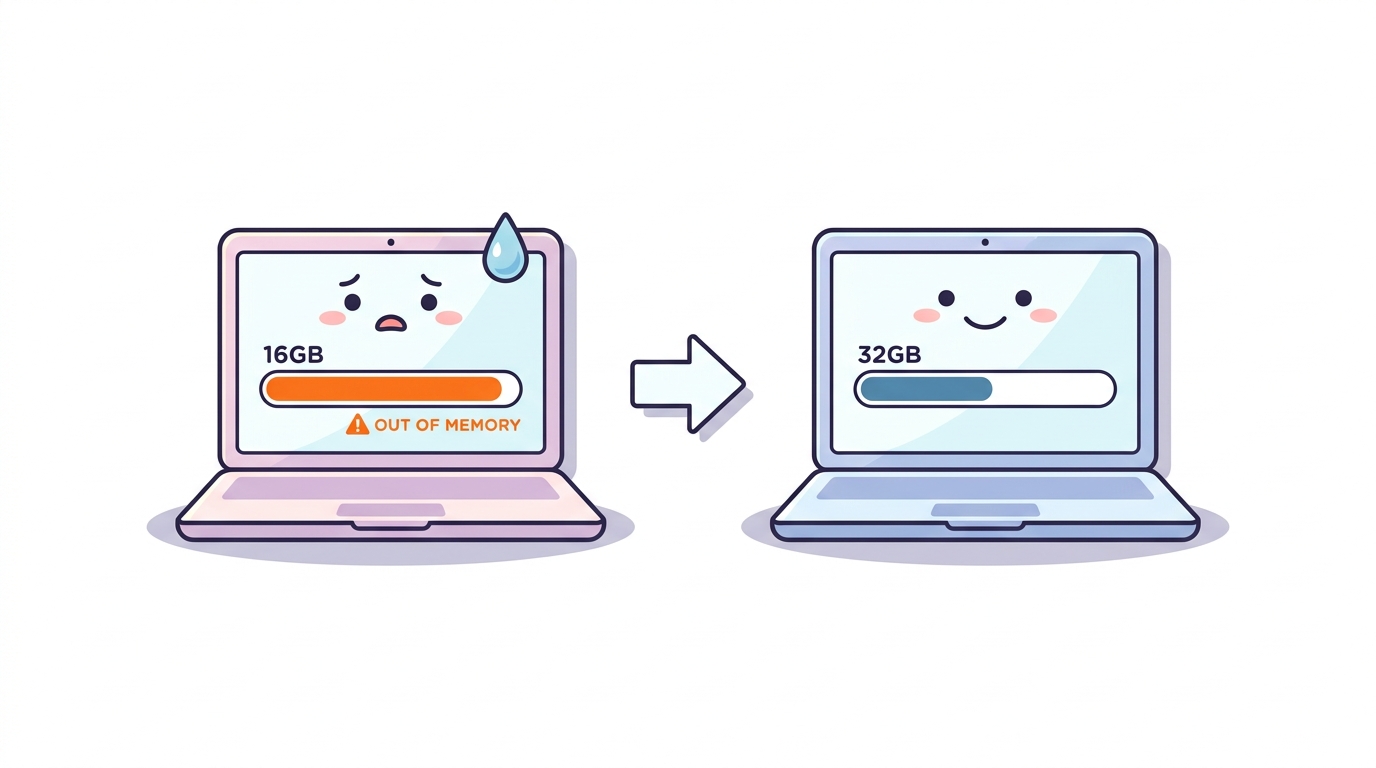 16GBは限界・32GBが余裕 — ノートPCのメモリ消費イメージ
