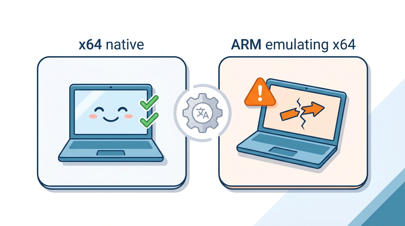 x64 native と ARM emulating x64 の比較イメージ