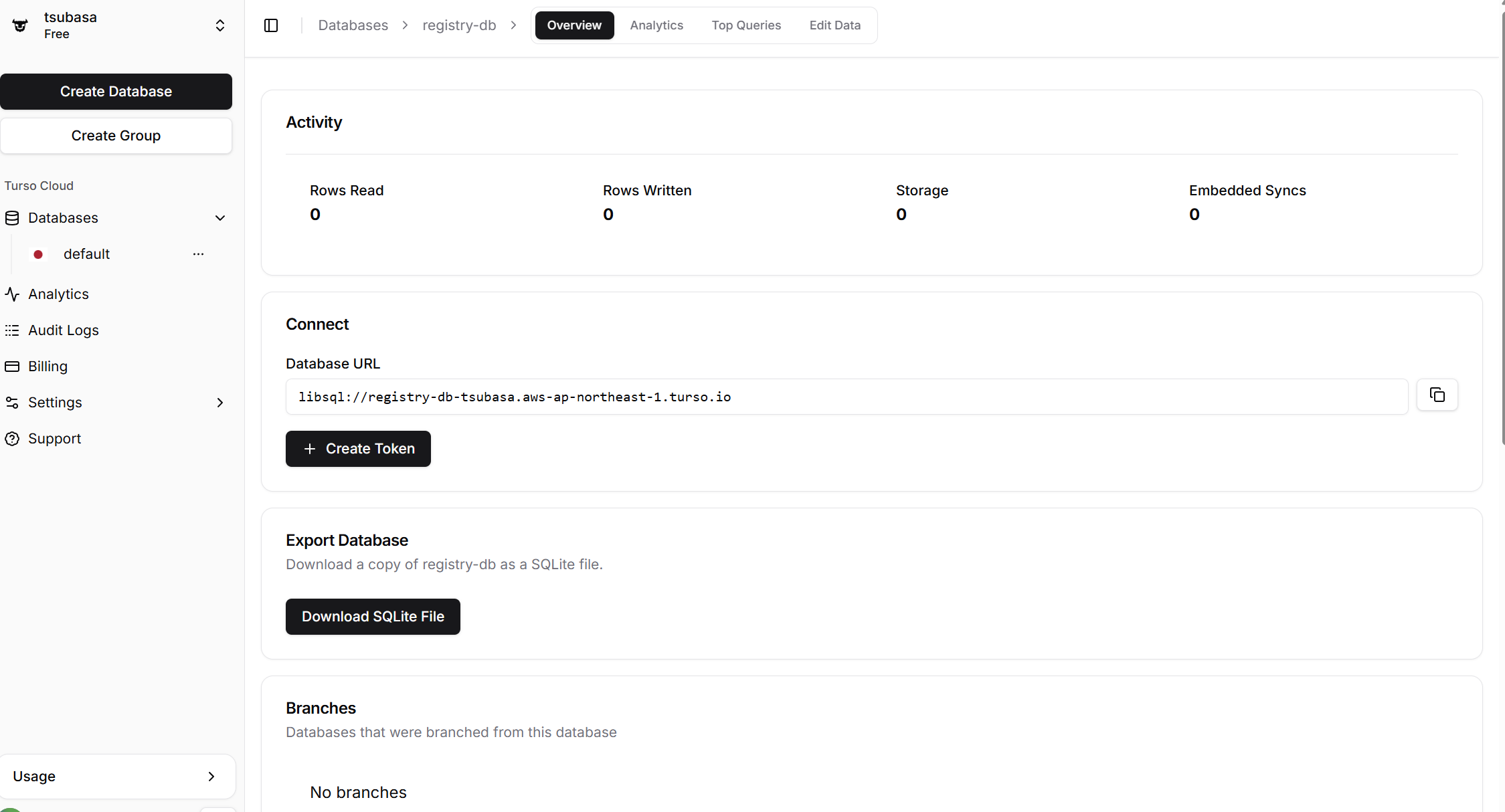Turso registry-db のOverview画面