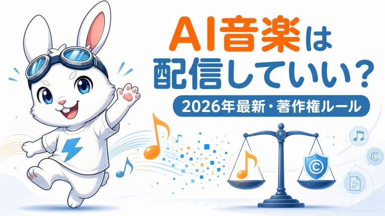 ラピットくんと天秤・音符のイラスト。AI音楽は配信していい？2026年最新・著作権ルールというタイトル