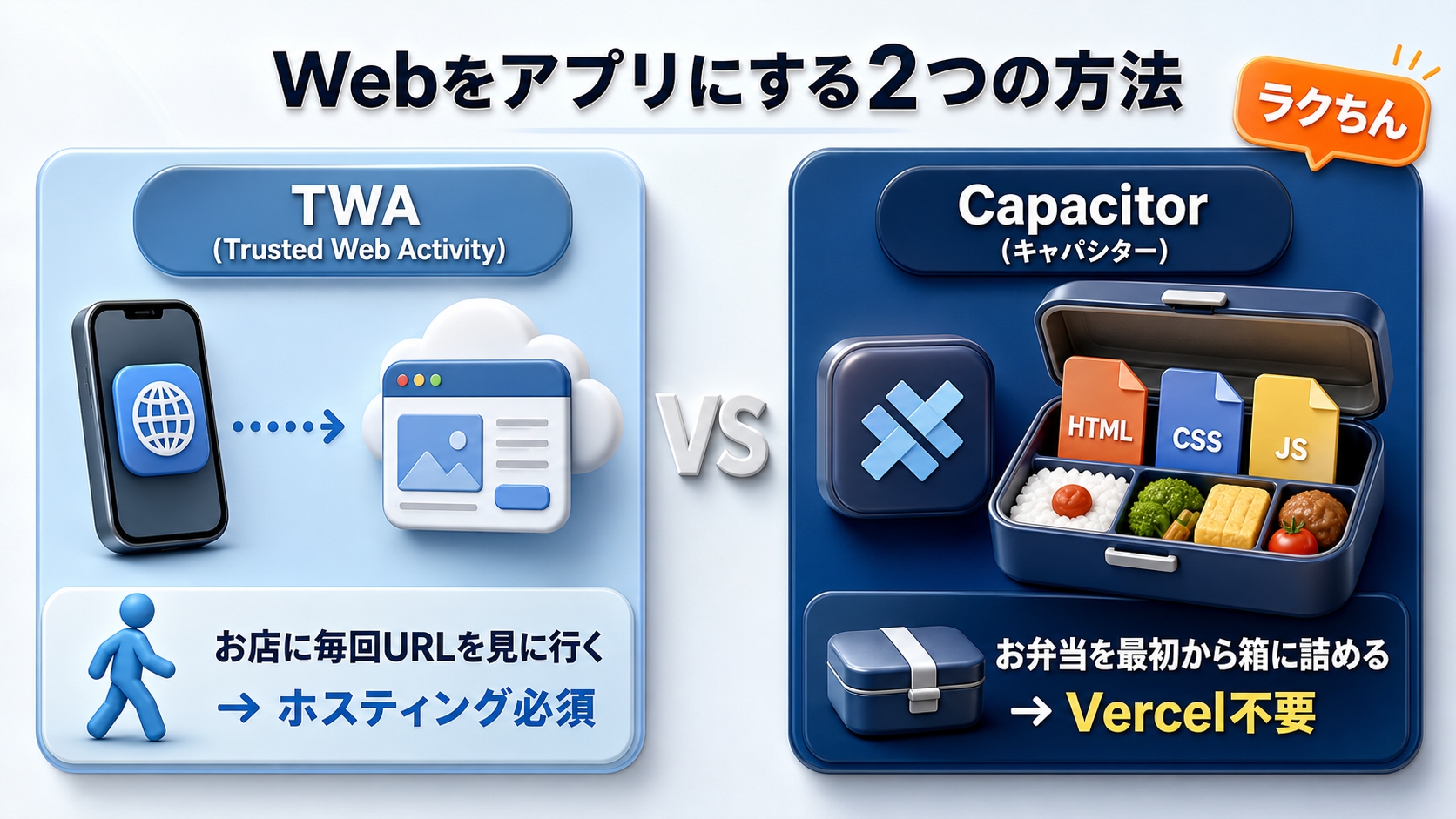 TWAはお店に毎回URLを見に行く方式でホスティング必須、Capacitorはお弁当を箱に詰めるように同梱しVercel不要、という対比図