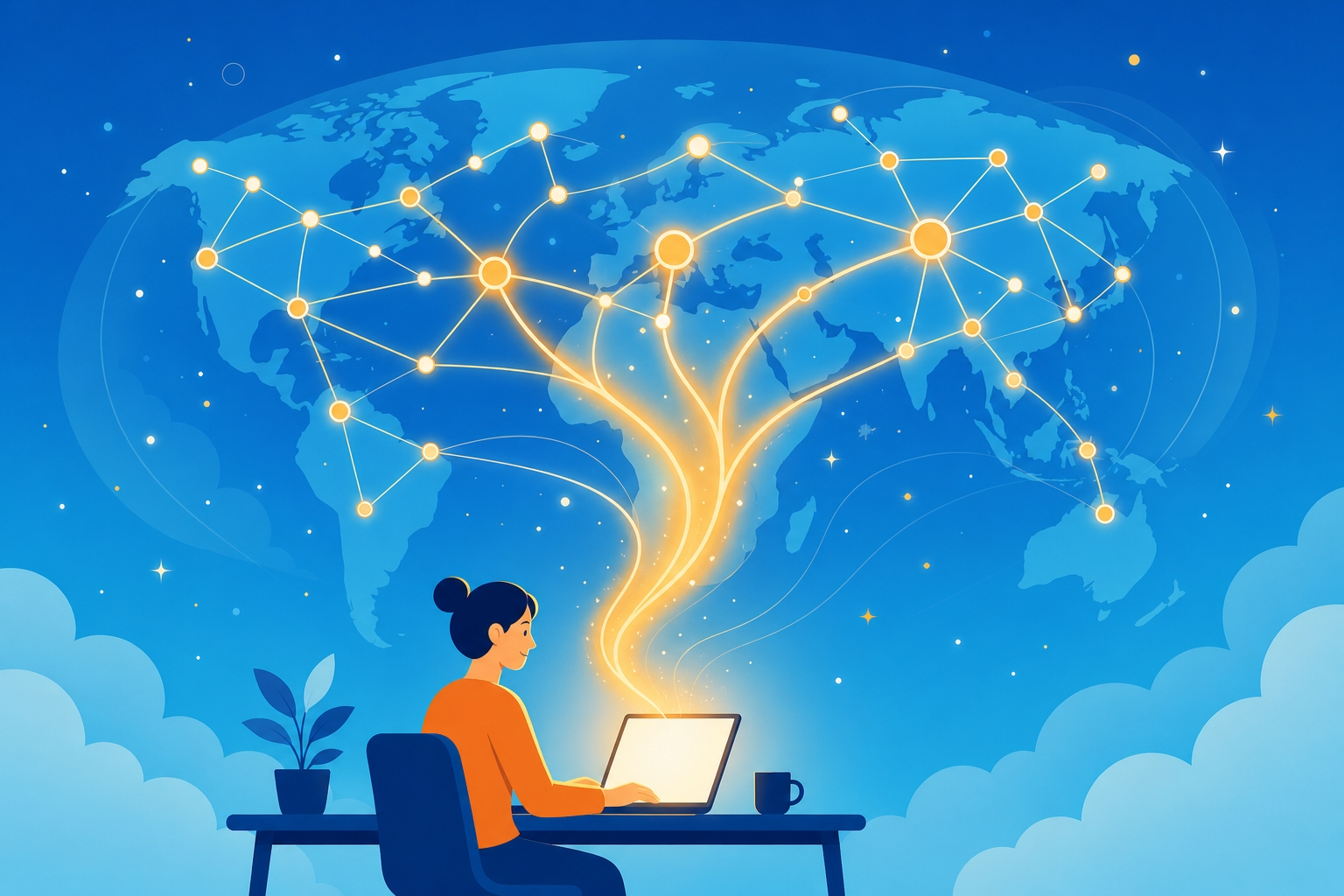 ノートPC一台から世界中のノードへ光の道が伸びるイラスト