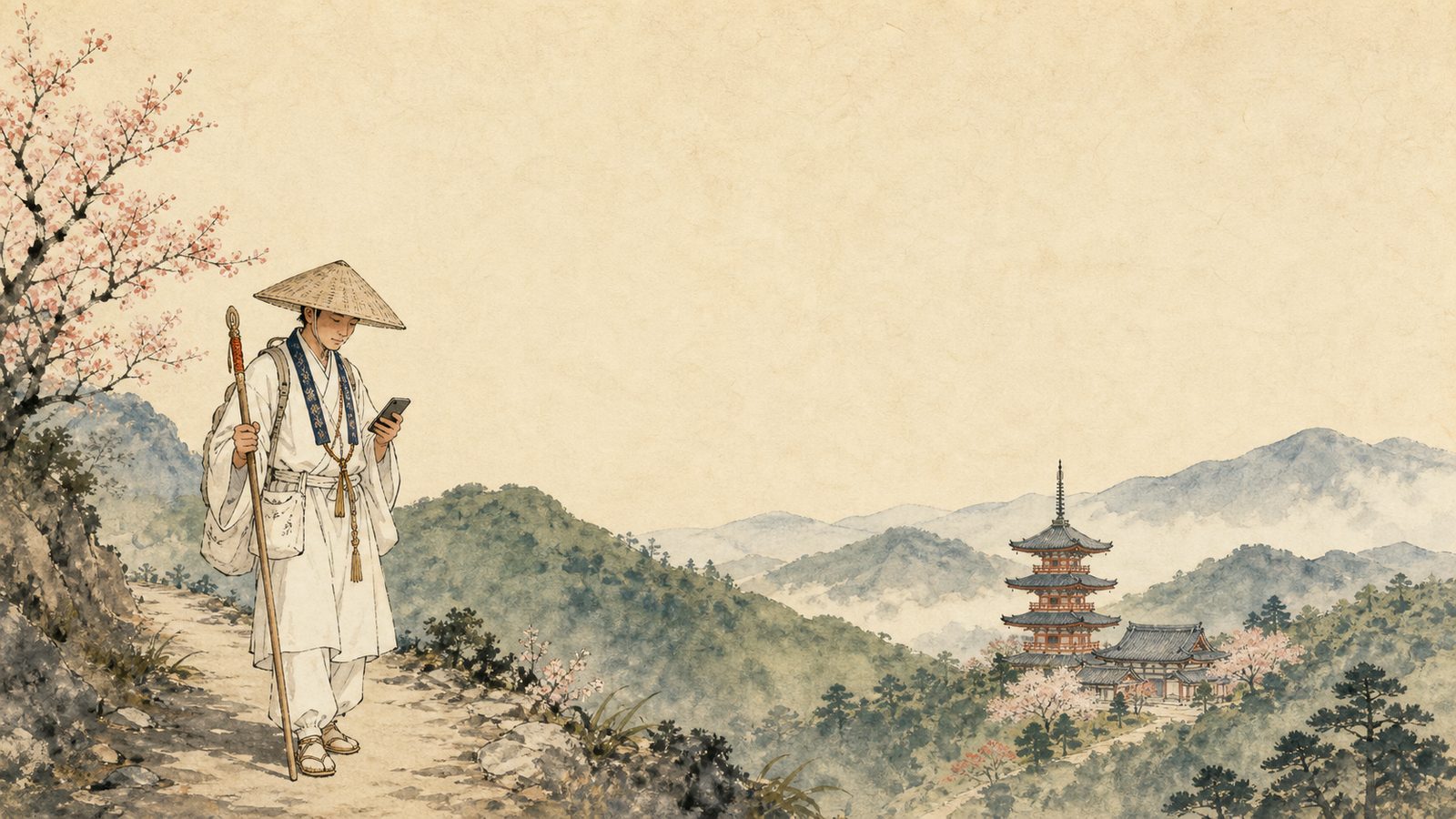 スマートフォンを手に山道を歩くお遍路さんの和風イラスト