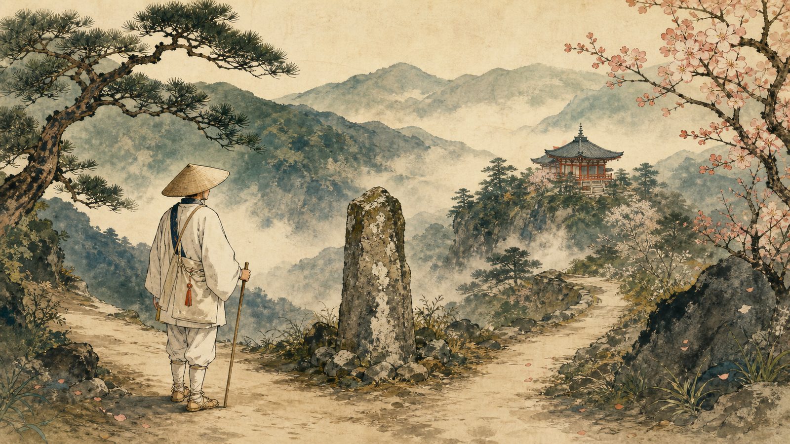 遍路道の道標のそばから、遠くの寺を望む白衣のお遍路さんの和風イラスト