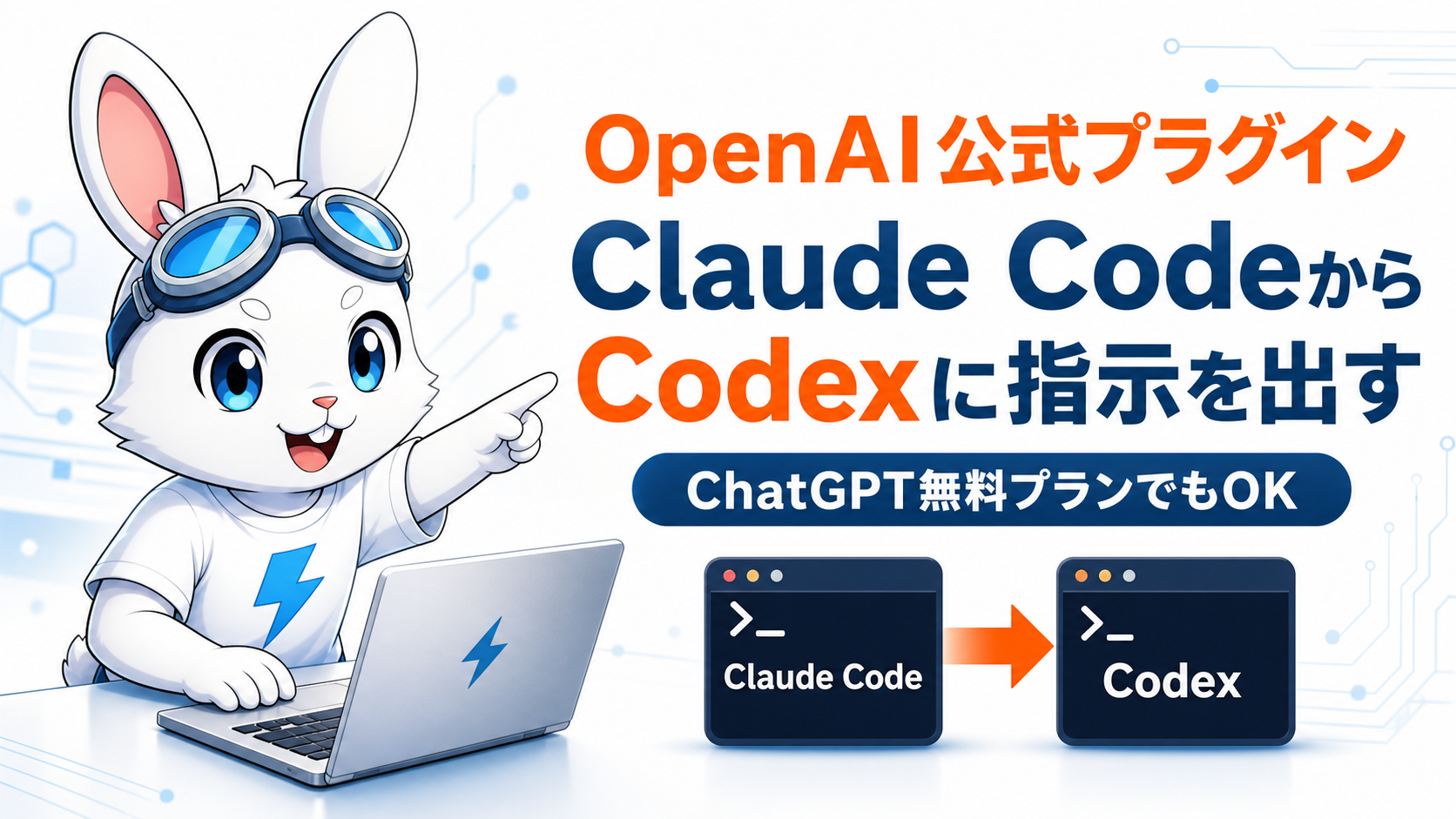 Claude CodeからCodexに指示を出すOpenAI公式プラグインの紹介サムネイル。ChatGPT無料プランでもOK
