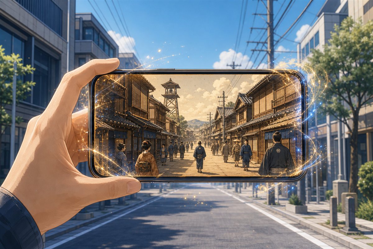 historia-scape: スマホをかざすと現代の街並みが江戸時代の風景に変わるイメージ
