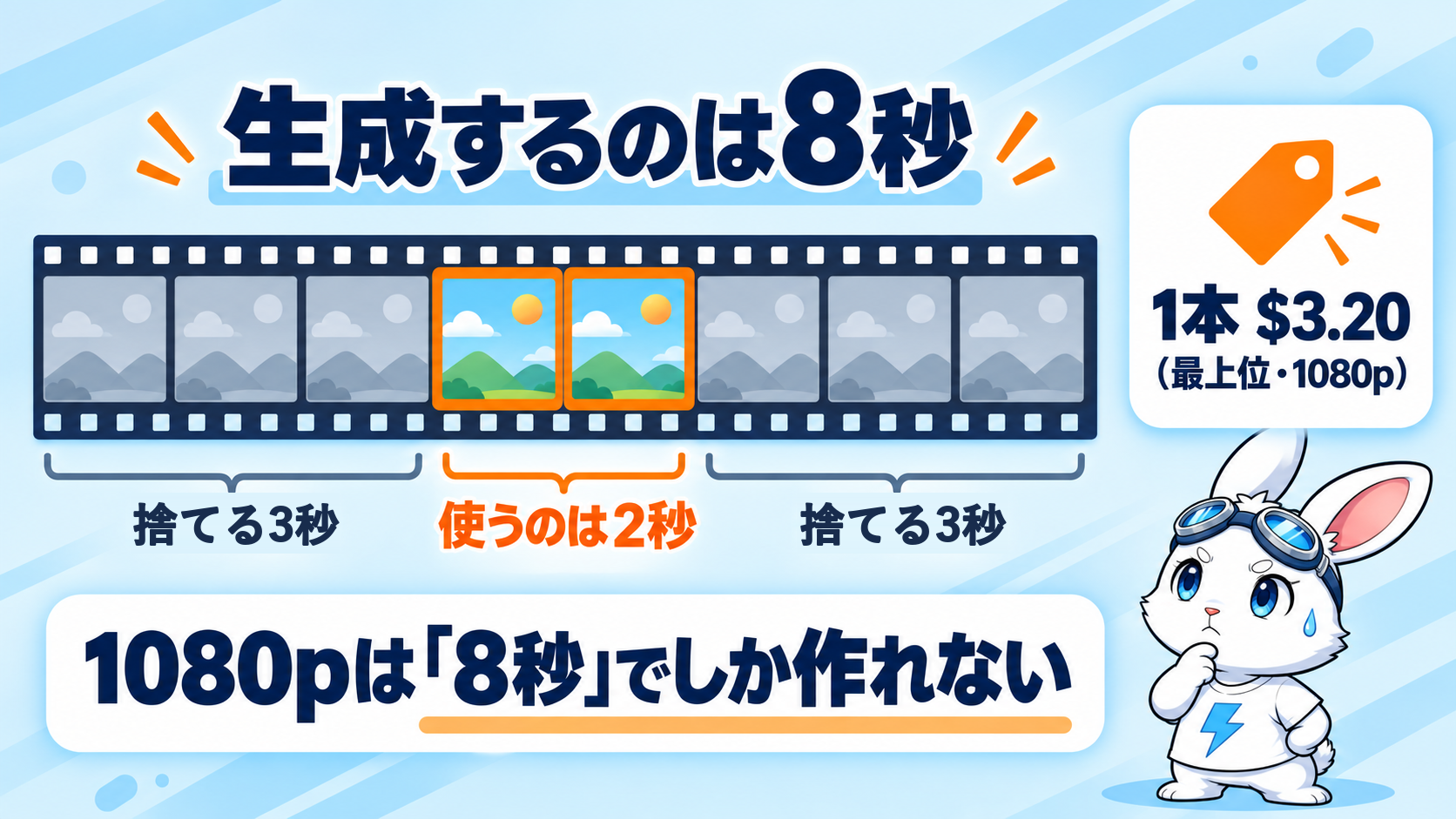 Veo 3.1 の1080pは8秒でしか作れない。使うのは2秒で、残りの6秒は捨てる
