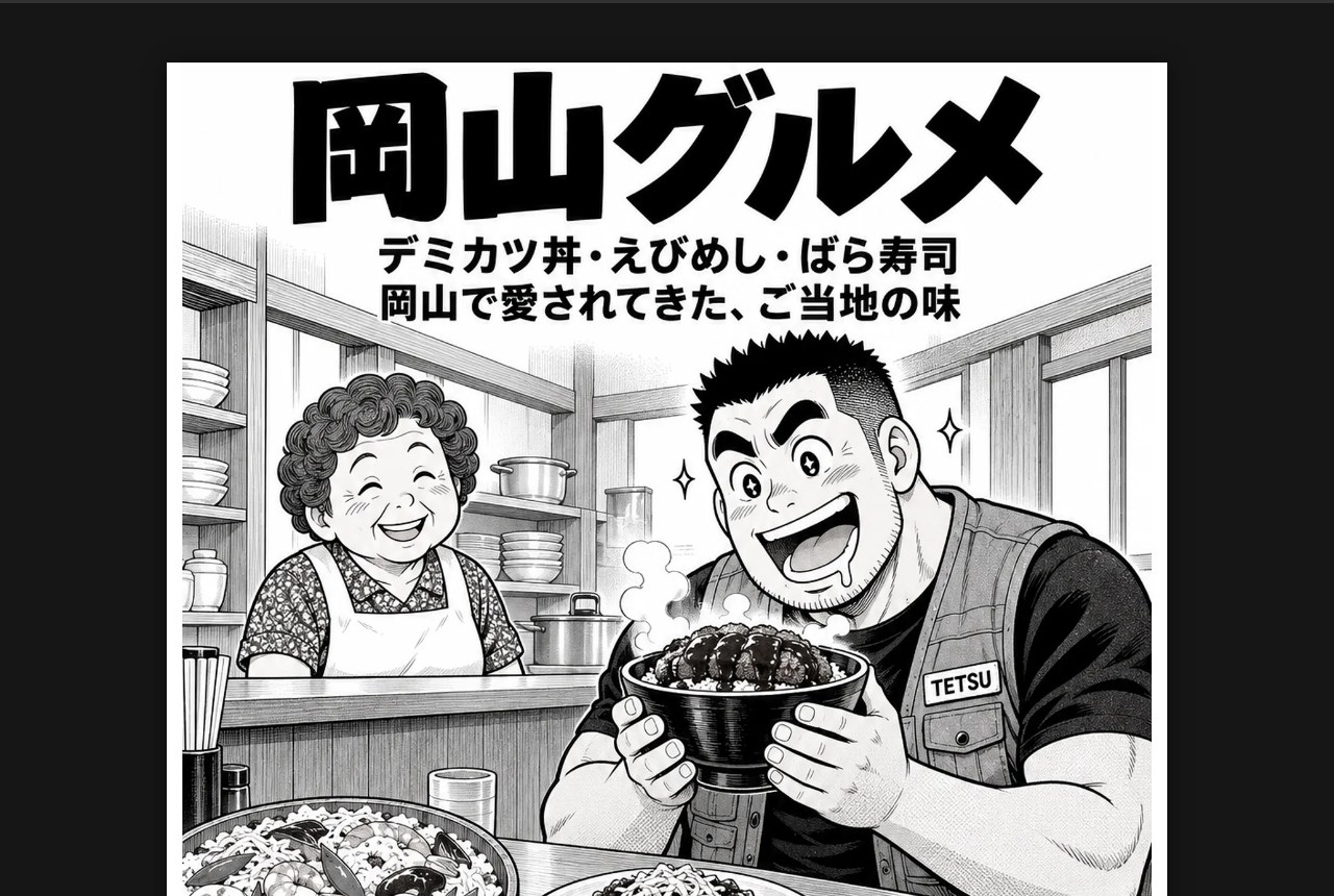 第4話「梨ヶ坂名物、つくります」の扉絵。「岡山グルメ」の見出しと、デミカツ丼を持ったテツと食堂のおばあちゃん