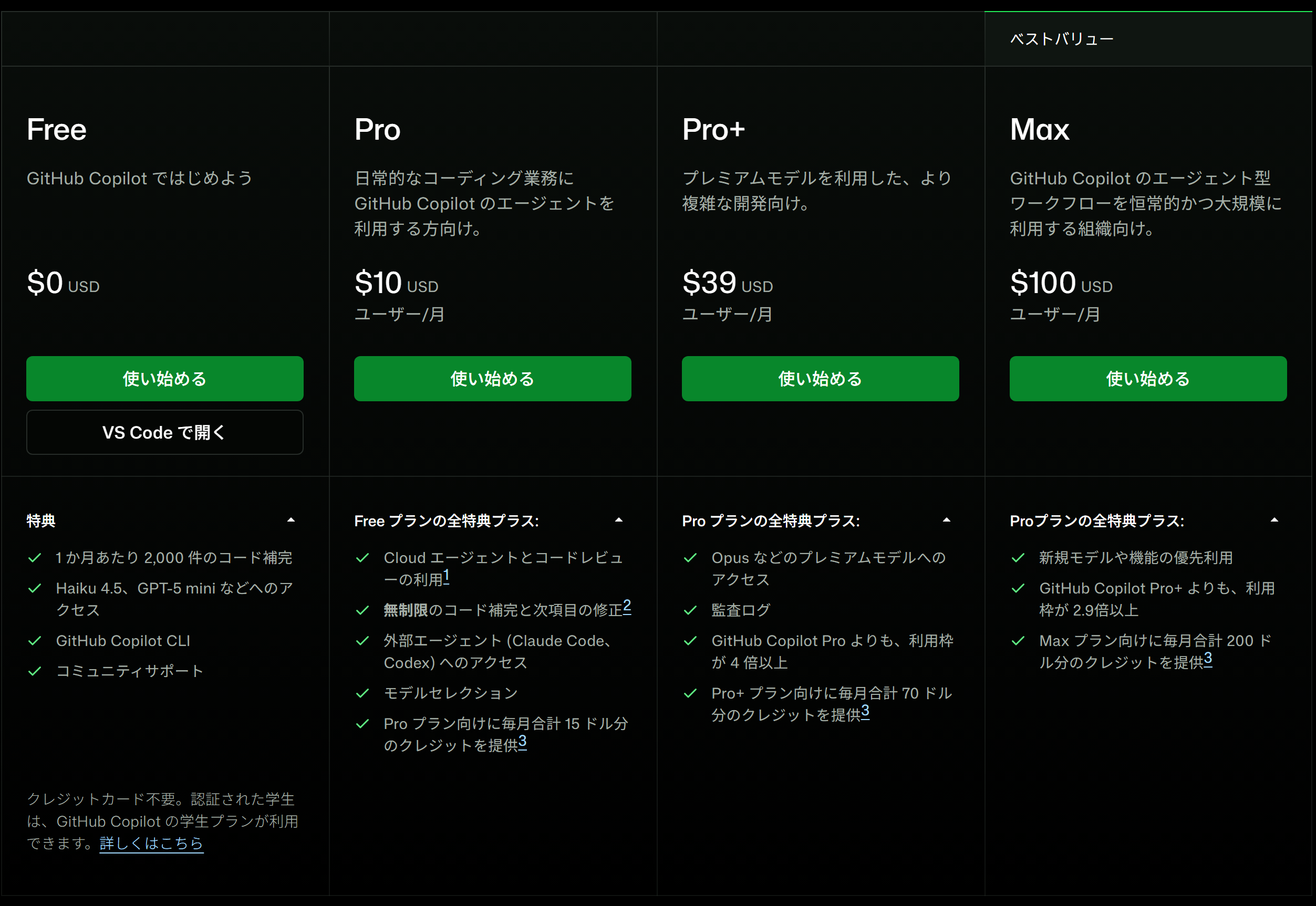 無料プランは補完が月2,000件まで。クラウドエージェントとコードレビューはProからです
