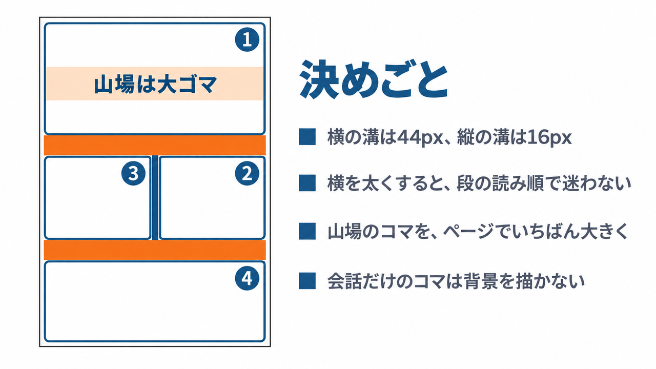 コマ割りの決めごと。横の溝を44px、縦の溝を16pxにして、山場のコマをページでいちばん大きくする