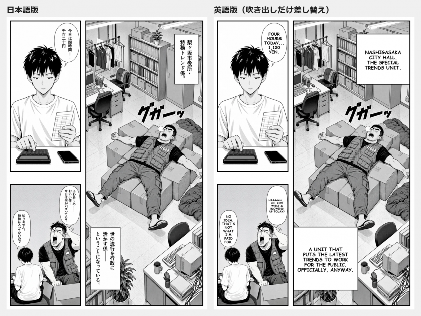 同じページの日本語版と英語版。絵は同じで、吹き出しの中の文字だけが英語に置き換わっている