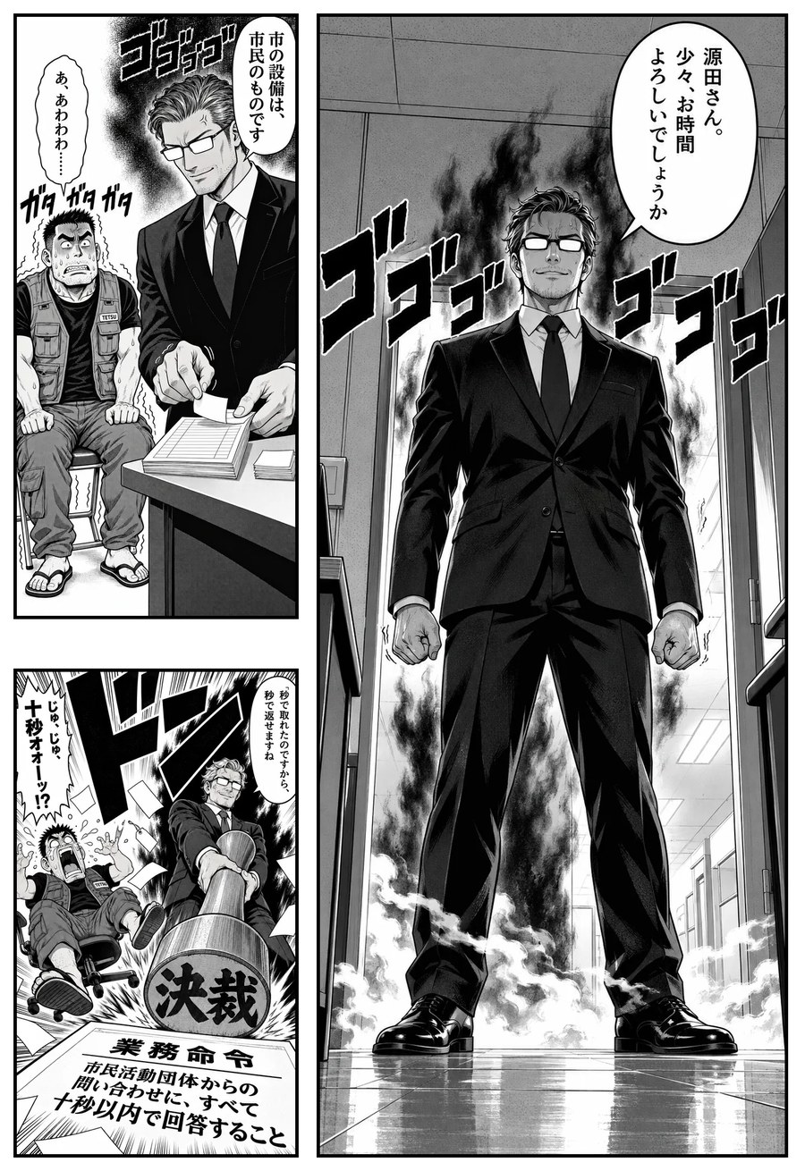 第1話の10ページ目。右に課長・豪徳寺が黒いオーラをまとって立つ縦長の大ゴマ、左に3段。いちばん下に「決裁」の判子と業務命令の紙