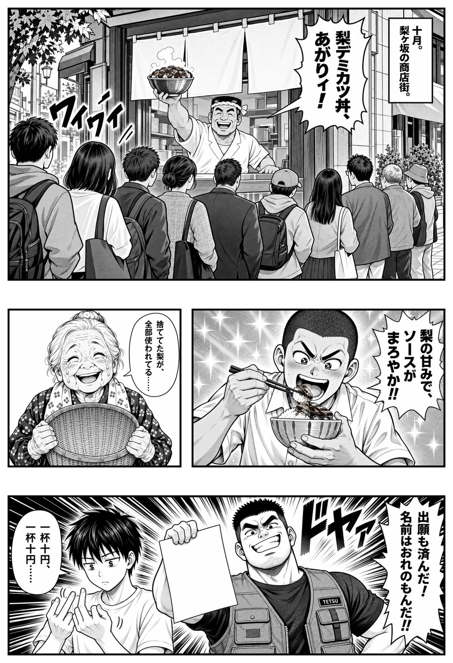 第4話の7ページ目。上に屋台へ行列ができる横長の大ゴマ、その下に段が続く