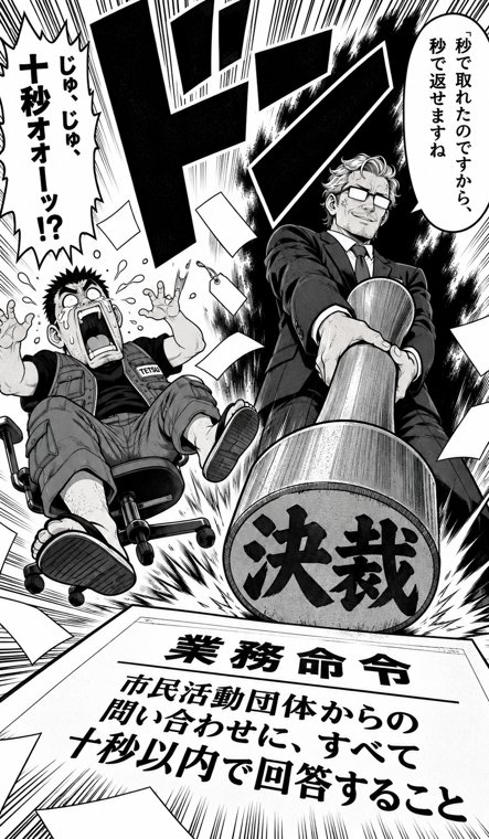 第1話の締め。課長が巨大な「決裁」の判子を振り下ろし、「業務命令」の紙が突きつけられている