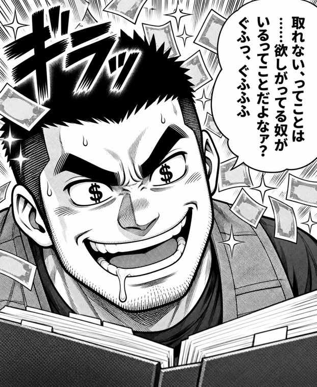 第1話。主人公・源田テツが読者のほうを向いて、にやりと笑う寄りの大ゴマ。背景は集中線と網点