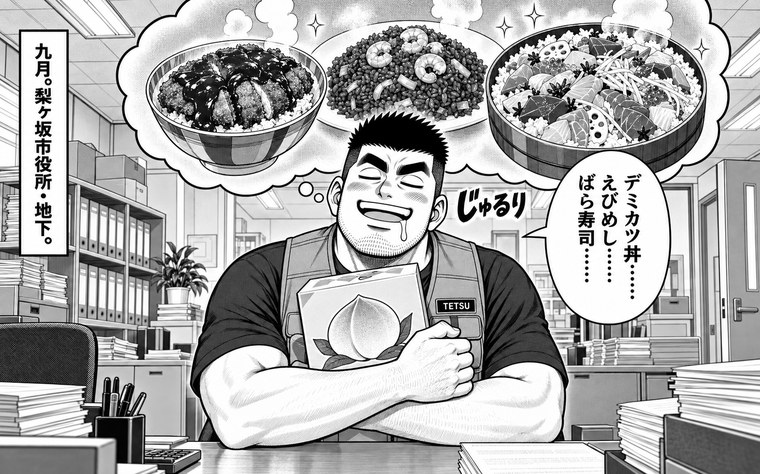 第4話。デミカツ丼・えびめし・ばら寿司を前にして、よだれを垂らす源田テツ