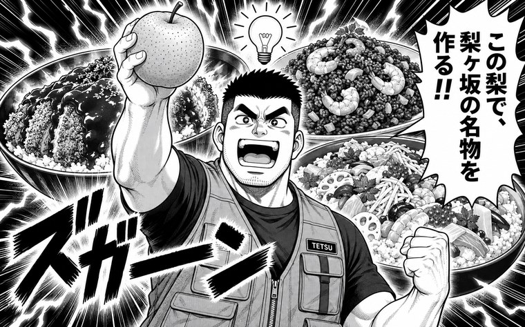 第4話。テツが梨をかかげて「この梨で、梨ヶ坂の名物を作る!!」と叫ぶ大ゴマ