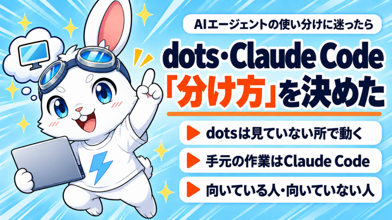 ChatGPTのdotsとClaude Codeの分け方を決めたコラムのアイキャッチ。クラウドのアイコンの横で指を立てるラピットくん