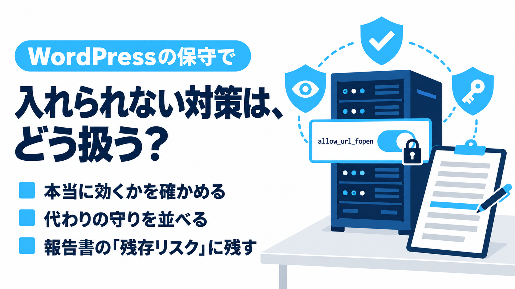 WordPressの保守で入れられない対策をどう扱うかをまとめたコラムのアイキャッチ。サーバーのallow_url_fopenのスイッチに鍵がかかって動かせず、まわりを3つの盾が囲み、手前の報告書の1行に印がついている
