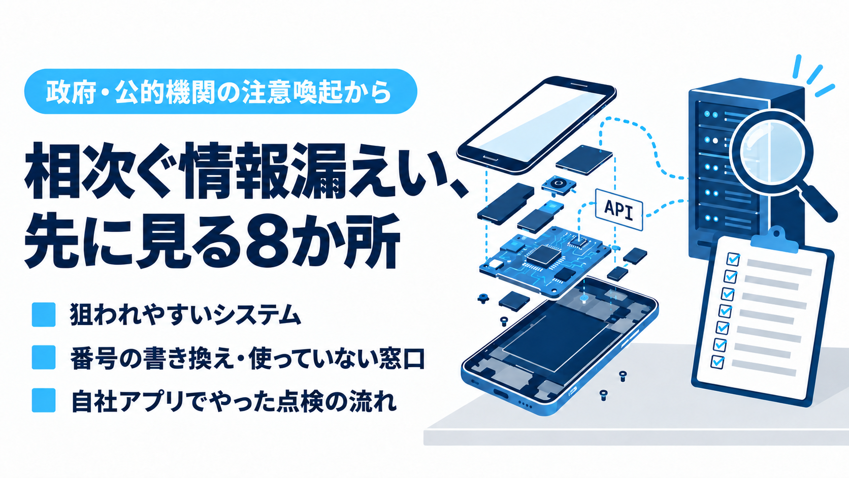 政府・公的機関の注意喚起から、相次ぐ情報漏えいで先に見る8か所をまとめたコラムのアイキャッチ。分解されたスマートフォンからAPIを通ってサーバーへ点線がつながり、虫めがねとチェックリストが置かれている