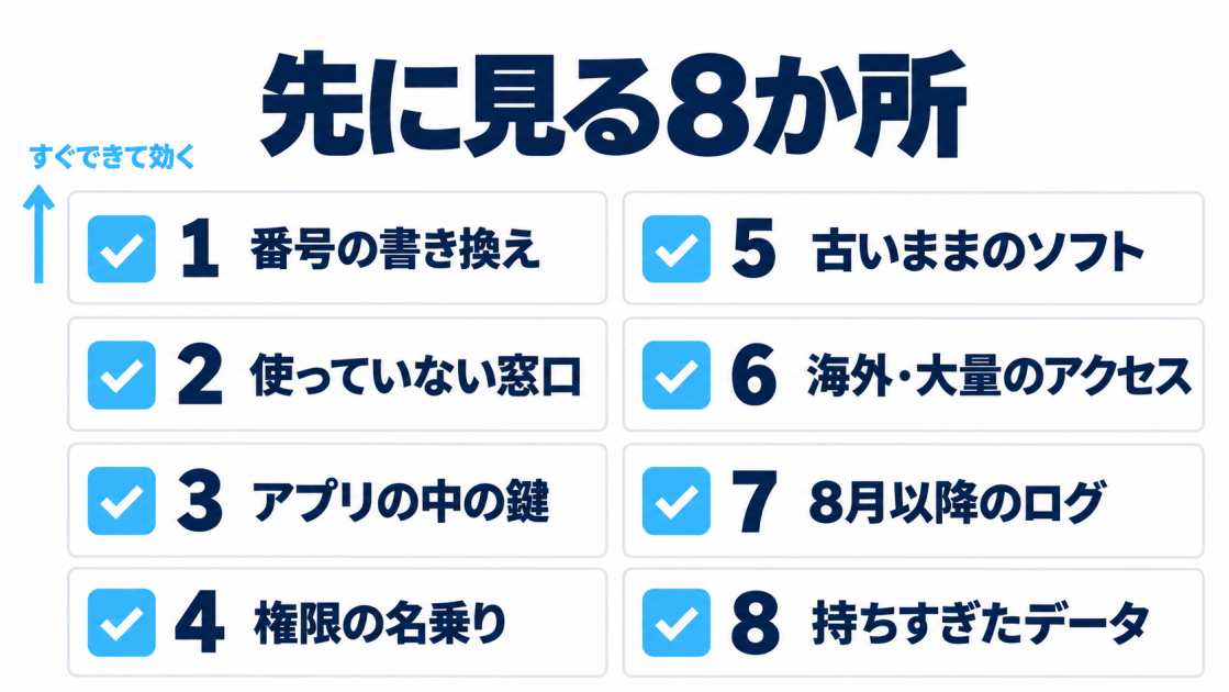先に見る8か所。1 番号の書き換え、2 使っていない窓口、3 アプリの中の鍵、4 権限の名乗り、5 古いままのソフト、6 海外・大量のアクセス、7 8月以降のログ、8 持ちすぎたデータ