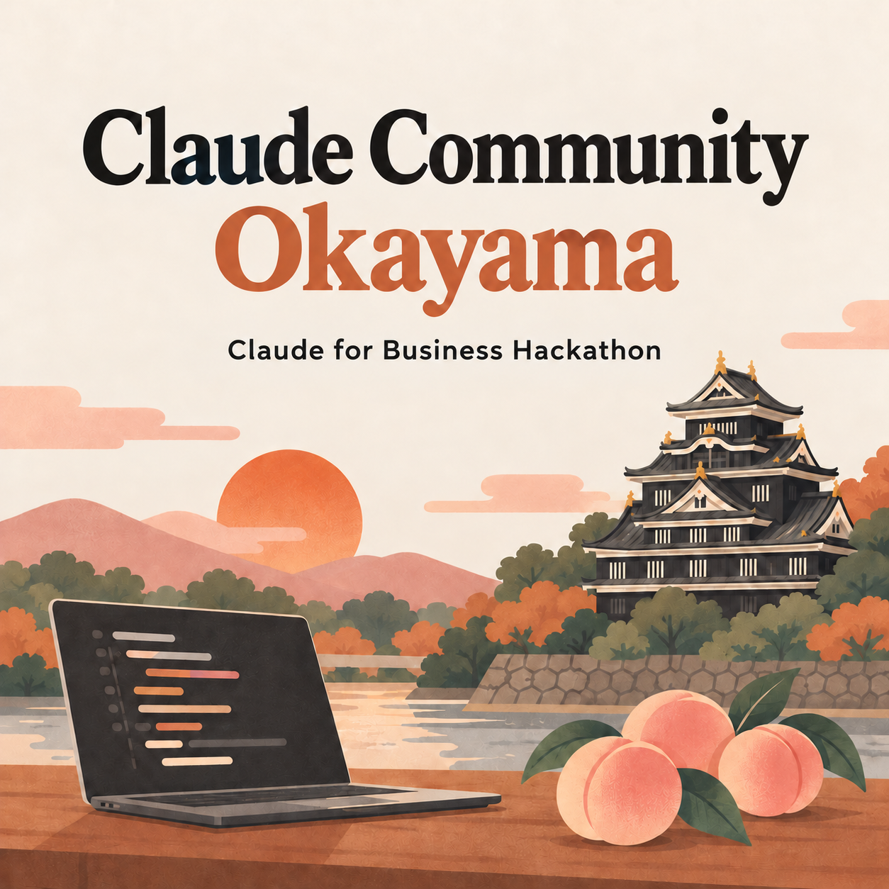 岡山城と桃、ノートPCを描いた「Claude Community Okayama」Claude for Business Hackathonのイベントビジュアル