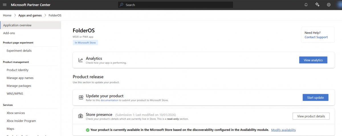 Partner CenterのFolderOSの画面。状態が「In Microsoft Store」になり、Microsoft Storeで公開中と表示されている